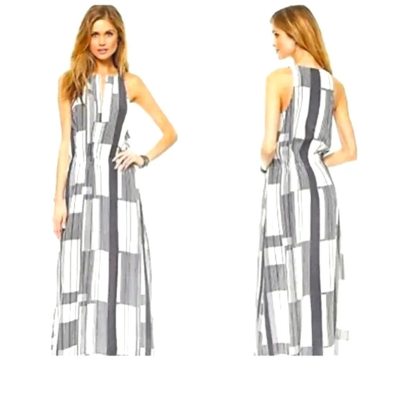 CLUB MONACO 100% Silk Geometric Stripe Print Maxi Dress In White/black. Size 0 - Picture 2 of 10
